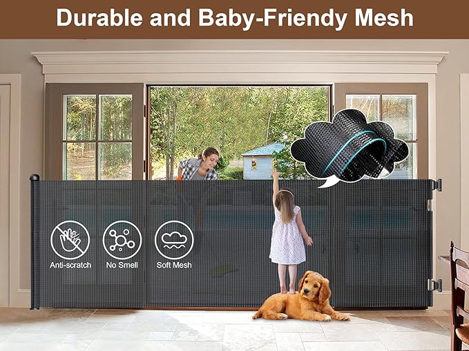 Retractable Baby Gate 120 Inch - BTXON 41" Extra Tall Mesh Long Gates for Stairs, Doorways, Hallways, Porch, Indoor, Outdoor(Black)