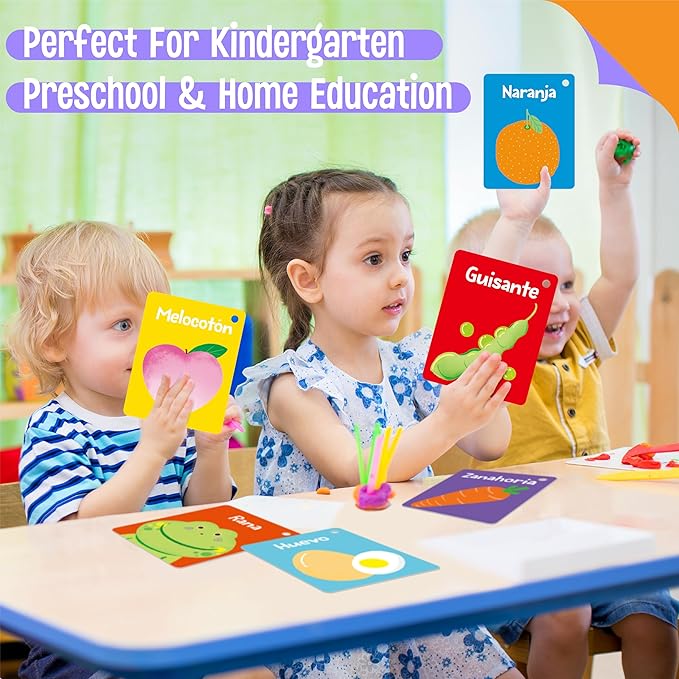 51 PCS Spanish Baby Cognitive Flashcards, Double Sided Printed 7 in 1 Colorful Cards Alphabet, Numbers, Foods, Animals, Shapes, Colors with 2 Reclosable Rings, Learning Tool for Toddlers