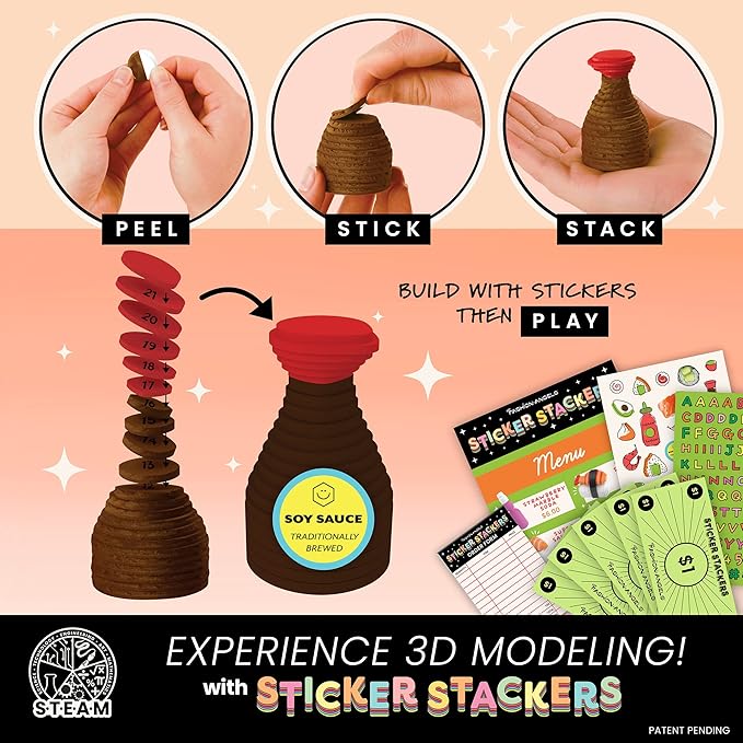 Fashion Angels Sushi Sticker Stackers, Foam Sticker Stacking Set with 3D Modeling, Includes Play & Pretend Food Stackable Stickers, Craft Activity Kit for Kids