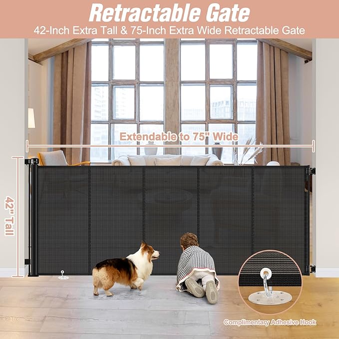 Reinforced 42" Extra Tall x 75" Wide Retractable Baby Gate with Support Rods - Prevents Crawling Under Extra Tall Dog Gate Indoor Mesh Gate Outdoor Long Baby Gate Tall Dog Gates for Doorways, Black