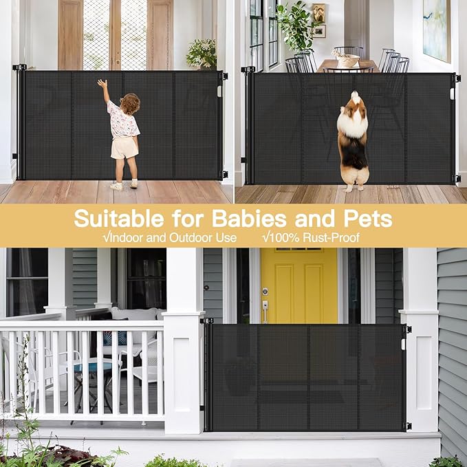 Reinforced 42" Extra Tall Pet Gate 55" Wide Retractable Baby Gate with Support Rods - Tall Retractable Dog Gate Indoor/Outdoor Retractable Gate, Bottom Anti-Escape Tall Dog Gates for Doorways, Black