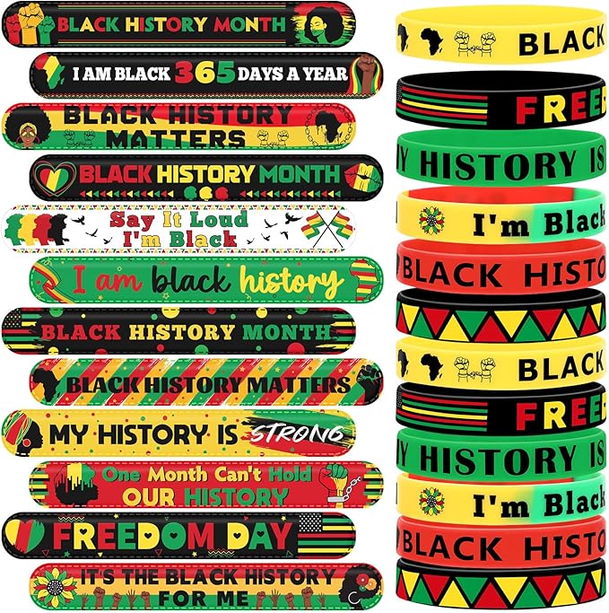 JUNEBRUSHS 50Pcs Black History Month Party Favors, Black History Slap Bracelets and Silicone Bracelets for Kids Adult Gifts Black History Month Wristbands Accessories Bulk for Black History Decoration