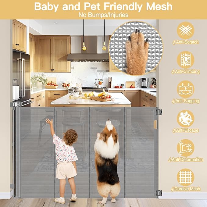 Reinforced 42" Extra Tall Baby Gate 55" Wide Retractable Dog Gate with Support Rods - Bottom Anti-Escape, Extra Tall Pet Gate Indoor Stair Gate Retractable Gates for Dogs Outdoor Gates for Decks, Gray