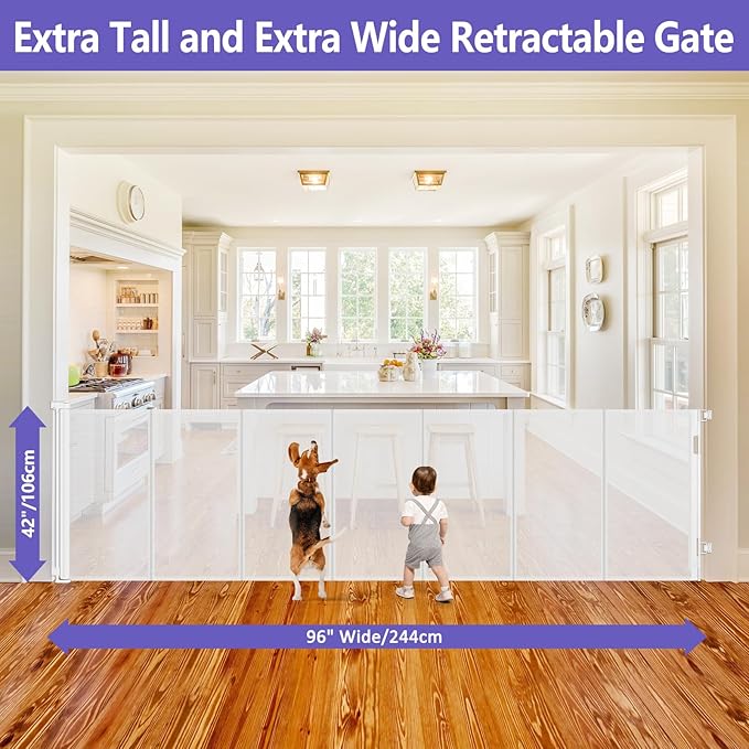 Reinforced 42" Extra Tall Retractable Baby Gates 96" Wide Retractable Dog Gate with Support Rods-Prevent Crawling Under Long Baby Gate Extra Tall Dog Gate Indoor/Outdoor Tall Baby Gates for Dogs/White