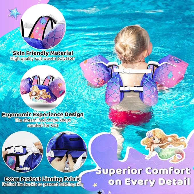 Vvinca Separable Toddler Swim Vest Fit 22-66 Lbs(1-6 Years)|2025 Newest 3 in 1 Pool Float & Arm Bands Boys and Girls, Adjustable Sturdy Safety for Infant 1 2 3 4 5 6 Year