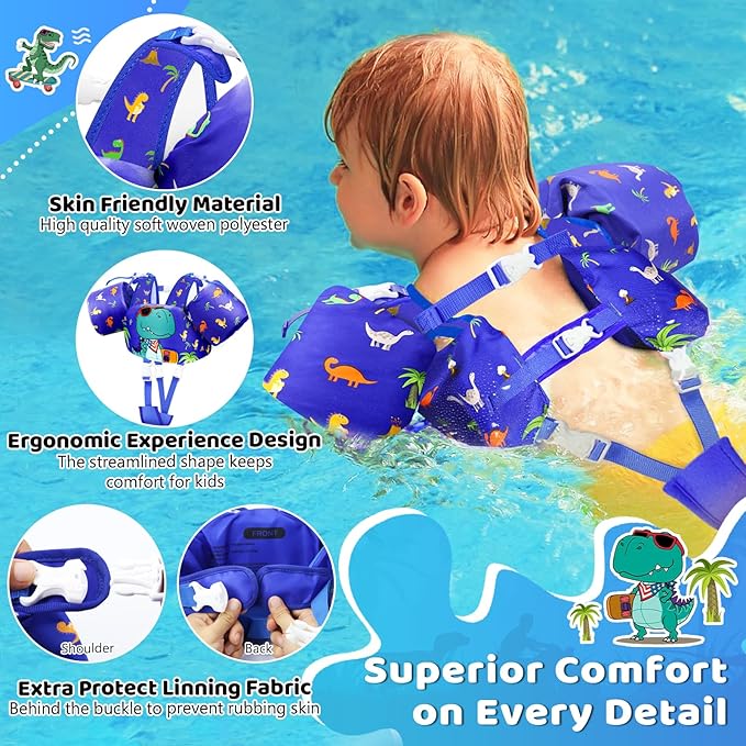 Vvinca Separable Toddler Swim Vest Fit 22-66 Lbs(1-6 Years)|2025 Newest 3 in 1 Pool Float & Arm Bands Boys and Girls, Adjustable Sturdy Safety for Infant 1 2 3 4 5 6 Year