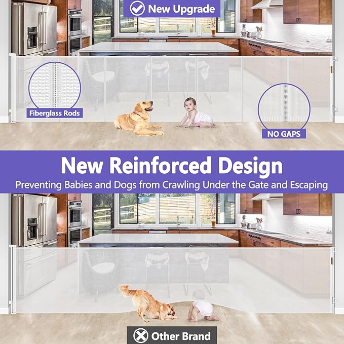 Reinforced 42 Inch Tall Retractable Baby Gates Extra Wide Dog Gate, 155 Inch Extra Long Baby Gate with Support Rods - Prevent Crawling Under, Indoor Retractable Gate Outdoor Extra Tall Dog Gate, White