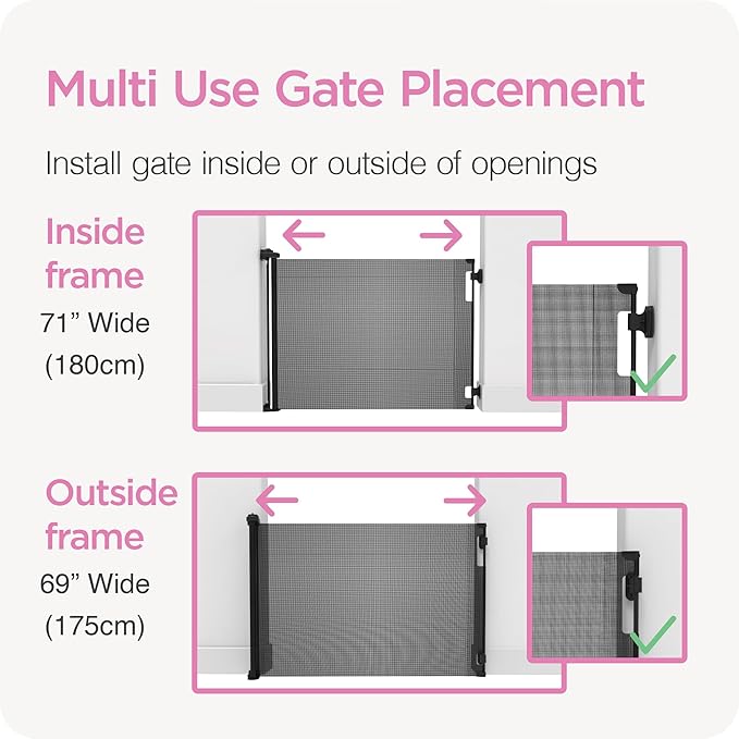Perma Child Safety Retractable Baby Gate, 71" Wide x 33" Tall, Mesh for Stairs, Doorways, Indoors, Outdoors, Dogs, One-Hand Operation, Locks, Easy Install, Black