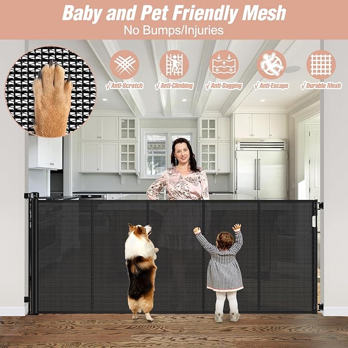 Reinforced 42" Extra Tall x 75" Wide Retractable Baby Gate with Support Rods - Prevents Crawling Under Extra Tall Dog Gate Indoor Mesh Gate Outdoor Long Baby Gate Tall Dog Gates for Doorways, Black
