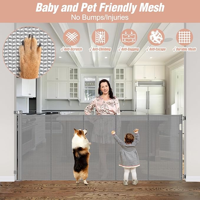 Reinforced 42" Extra Tall x 75" Wide Retractable Baby Gates with Support Rods - Prevent Crawling under Extra Tall Pet Gate Indoor Mesh Baby Gate Tall Baby Gates for Dogs Outdoor Retractable Gate, Gray