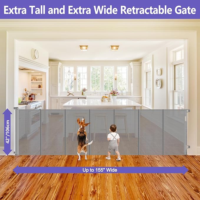 Reinforced 42" Extra Tall Pet Gate 155" Extra Wide Retractable Baby Gate with Support Rods - Prevent Crawling Under, Indoor/Outdoor Mesh Safety Gate Extra Wide Baby Gate Tall Baby Gates for Dogs, Gray