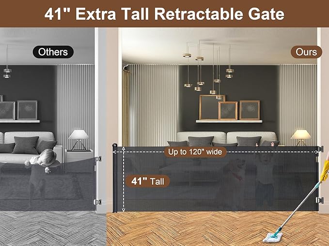 Retractable Baby Gate 120 Inch - BTXON 41" Extra Tall Mesh Long Gates for Stairs, Doorways, Hallways, Porch, Indoor, Outdoor(Black)