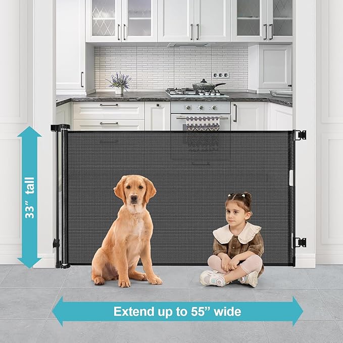 Retractable Dog Gate for Doorways 33” Tall X 55” Wide Retractable Baby Gates Outdoor Retractable Gate Retractable Mesh Gate Retractable Pet Gate Child Safety Gate Pet Gate for Stairs Outdoor Dog Gate