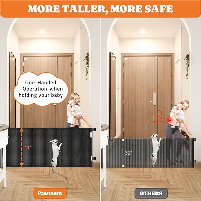 Pawtners Retractable Baby Gates Extra Wide, 41" Tall Extends up to 71" Wide, Dog Gate Indoor with Cat Door for Stairs, Pet Gate with Support Rods for Doorways Hallways Indoor & Outdoor-Black