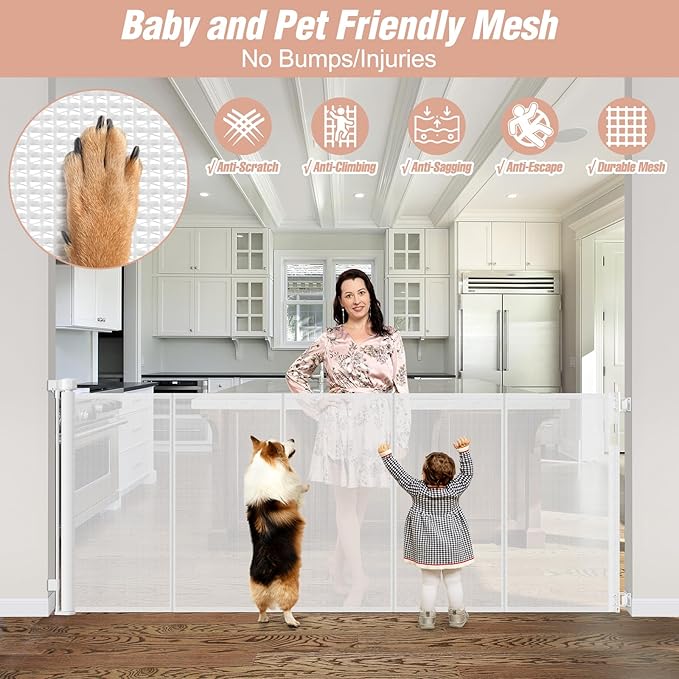 Reinforced 42" Extra Tall x 75" Wide Retractable Gate with Support Rods - Prevent Crawling Under Extra Tall Baby Gate Retractable Dog Gate Indoor Long Dog Gate Outdoor Retractable Pet Gate, White