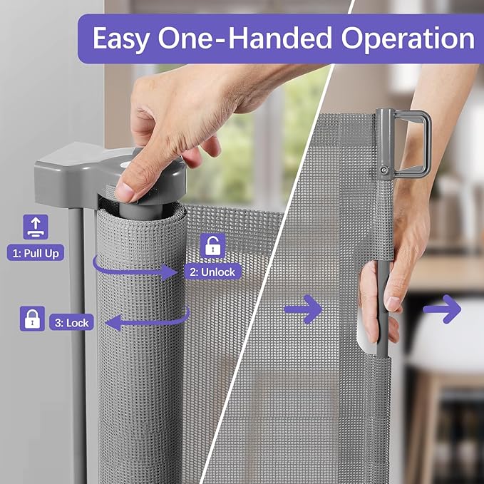 Reinforced 42" Extra Tall x 96" Wide Retractable Pet Gate with Support Rods-Prevent Crawling Under, Extra Tall Baby Gate Long Dog Gate Indoor/Outdoor Retractable Gate Tall Dog Gates for Doorways, Gray