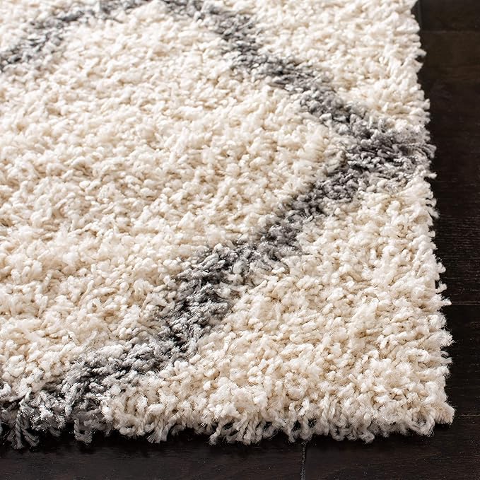 SAFAVIEH Dallas Shag Collection 2'3" x 6' Ivory/Grey SGDS257F Trellis Non-Shedding Living Room Bedroom Dining Room Entryway Plush 1.5-inch Thick Runner Rug