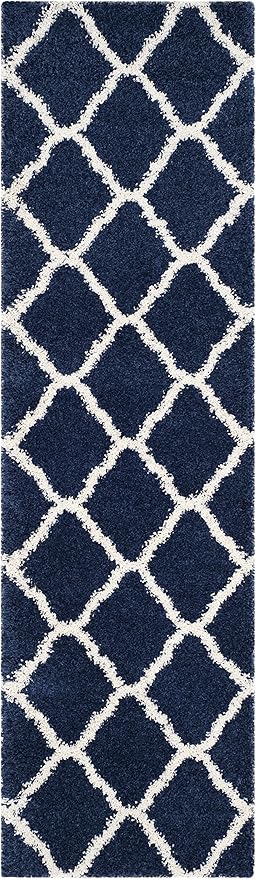 SAFAVIEH Hudson Shag Collection Runner Rug - 2'3" x 12', Navy & Ivory, Moroccan Trellis Design, Non-Shedding & Easy Care, 2-inch Thick Ideal for High Traffic Areas in Living Room, Bedroom (SGH283C)