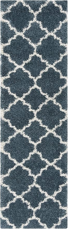 SAFAVIEH Hudson Shag Collection Runner Rug - 2'3" x 10', Slate Blue & Ivory, Trellis Design, Non-Shedding & Easy Care, 2-inch Thick Ideal for High Traffic Areas in Living Room, Bedroom (SGH282L)