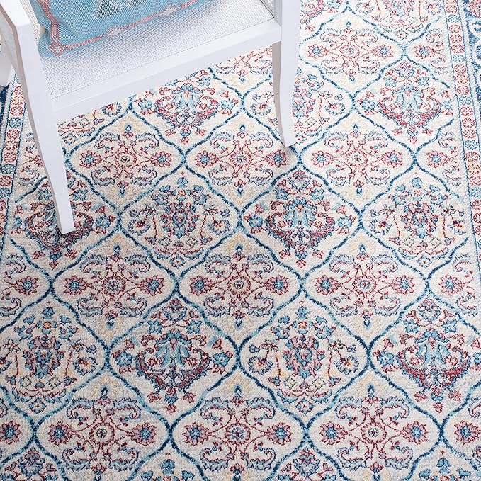 SAFAVIEH Brentwood Collection 8' x 10' Beige / Navy BNT870B Oriental Damask Trellis Non-Shedding Living Room Bedroom Dining Home Office Area Rug