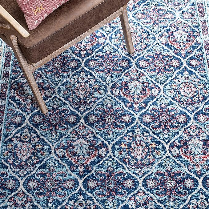 SAFAVIEH Brentwood Collection 2' x 8' Navy / Red BNT870N Oriental Damask Trellis Non-Shedding Living Room Entryway Foyer Hallway Bedroom Runner Rug