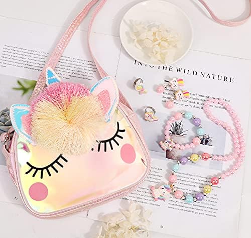 Unicorn Purse with Jewelry Set Little Girls, Unicorn Necklace Rings Bracelet Earrings Handbag Accessories, Princess Dress Up Jewelry Set Party Favors Gift