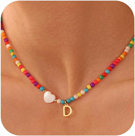 Ursteel Colorful Initial Cute Necklaces for Girls - Trendy Beaded Choker Necklace for Women Teen Girl, Handmade Letter Necklace Gifts for Women Girls Jewelry