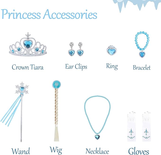 Elsa Costume for Girls 3-12 - Elegant Elsa Dress with Accessories - Princess Dress Up Clothes for Holiday Parties