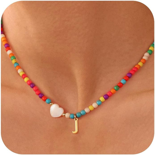 Ursteel Colorful Initial Cute Necklaces for Girls - Trendy Beaded Choker Necklace for Women Teen Girl, Handmade Letter Necklace Gifts for Women Girls Jewelry