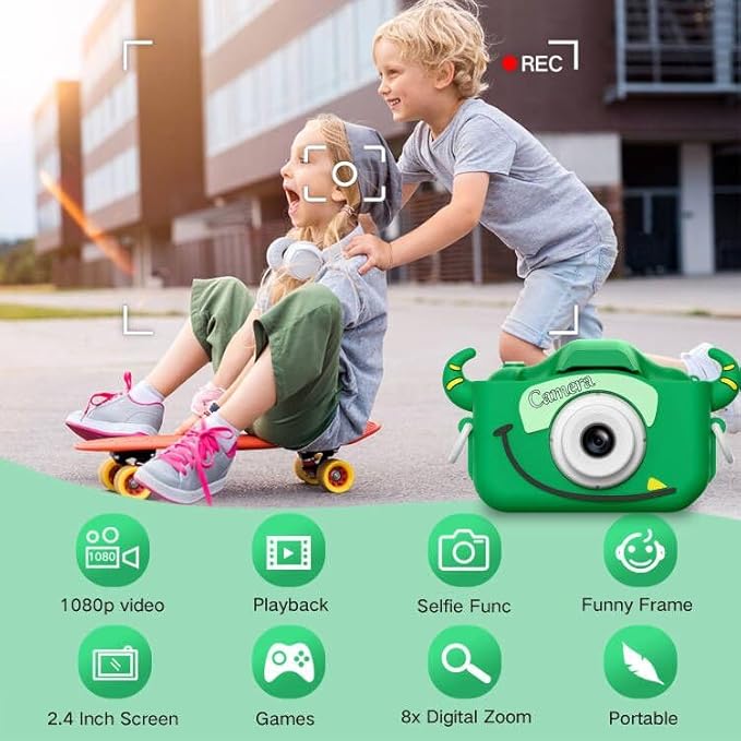 Goopow Kids Camera Toys for 3-8 Year Old Girls Boys,Children Digital Video Camcorder Camera with Cartoon Soft Cover, Best Chritmas Birthday Festival Gift for Kids - 32G SD Card Included (Green-NJ)
