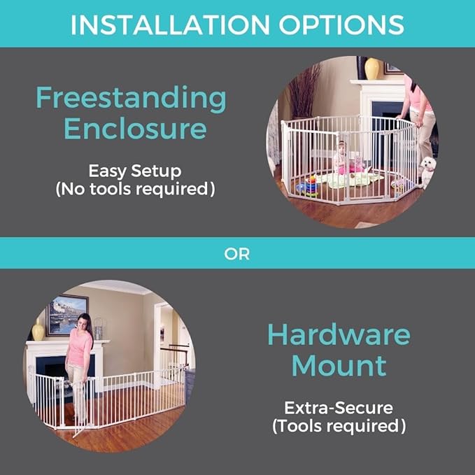 Toddleroo by North States 3 in 1 Metal Superyard 8 Panel Play Yard, Baby Gate, Playpen or Extra Wide Baby Fence, 199" Wide. Wall Mount Kit Included. 19 sq ft play yard (30" tall, Taupe)