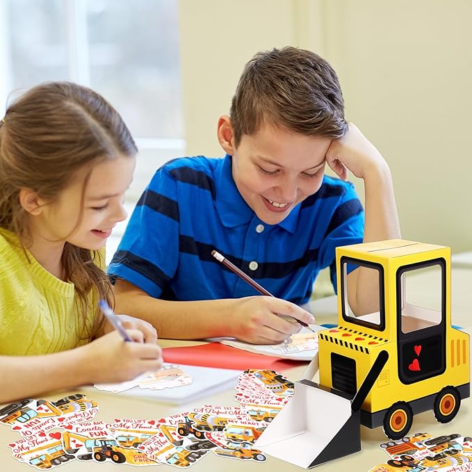 Pasimy DIY Valentines Day Mailbox with 33 Construction Vehicle Cards Valentines Day Crafts for Kids Bulldozer Mailbox for Classroom Exchange Party Activity Box Crafts for Kids Girls Boys
