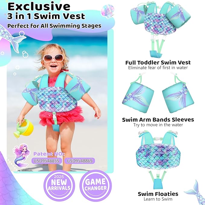 Vvinca Separable Toddler Swim Vest Fit 22-66 Lbs（1-6 Years）|2025 Newest 3 in 1 Pool Float & Arm Bands Boys and Girls, Adjustable Sturdy Safety for Infant 1 2 3 4 5 6 Year