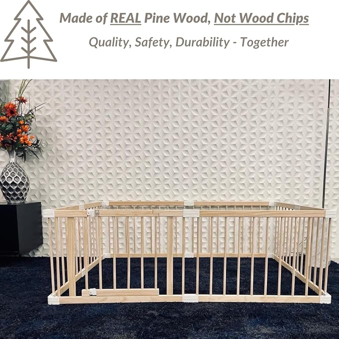 Neutral Wood playpen for Babies and Toddlers,Dog or Puppy gate,Indoor & Outdoor Kids Activity Center,Infant Safety Gate Play Yard.Large 4' x 6' Baby gate 180cm x 120cm.NO Tools Needed.