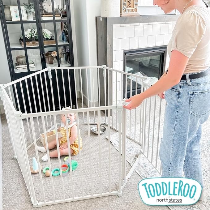 Toddleroo by North States 3 in 1 Metal Superyard 6 Panel Play Yard, Baby Gate, Playpen or Extra Wide Baby Fence, 151" Wide. Wall Mount Kit Included. 10 sq ft play yard (30" tall, Taupe)