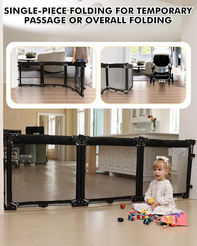Dearlomum Extra Wide Baby Gate Playpen with Heat-Resistant Mesh,6 Panel Foldable Baby Fence,Indoor/Outdoor Safety Barrier,Dog Playpen & Fireplace Baby Gate