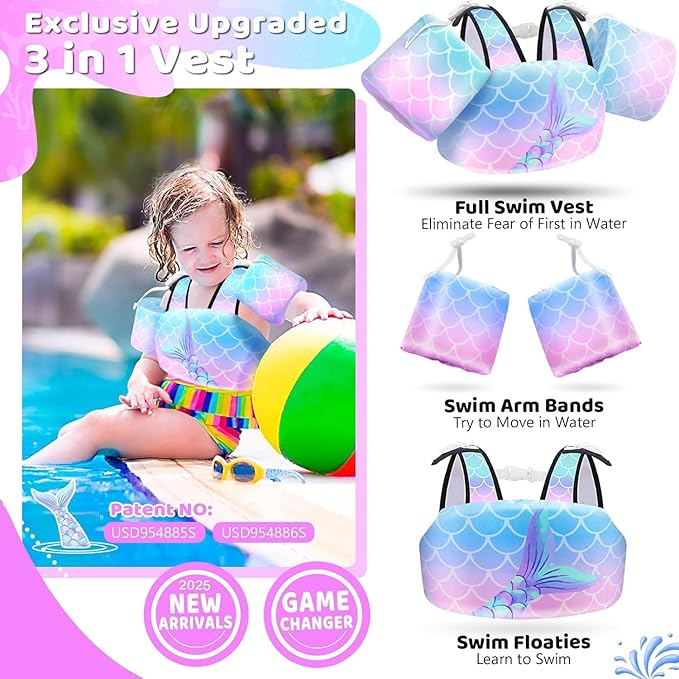 Vvinca Separable Toddler Swim Vest Fit 22-66 Lbs（1-6 Years）|2025 Newest 3 in 1 Pool Float & Arm Bands Boys and Girls, Adjustable Sturdy Safety for Infant 1 2 3 4 5 6 Year