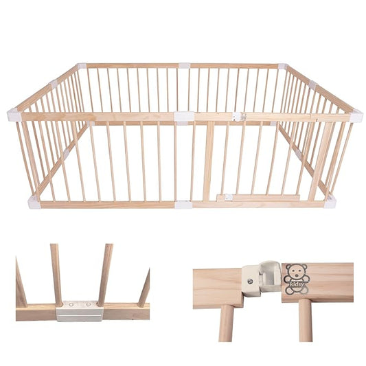Neutral Wood playpen for Babies and Toddlers,Dog or Puppy gate,Indoor & Outdoor Kids Activity Center,Infant Safety Gate Play Yard.Large 4' x 6' Baby gate 180cm x 120cm.NO Tools Needed.
