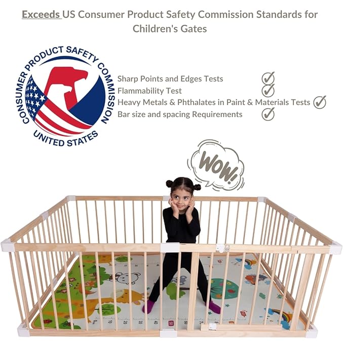 Neutral Wood playpen for Babies and Toddlers,Dog or Puppy gate,Indoor & Outdoor Kids Activity Center,Infant Safety Gate Play Yard.Large 4' x 6' Baby gate 180cm x 120cm.NO Tools Needed.