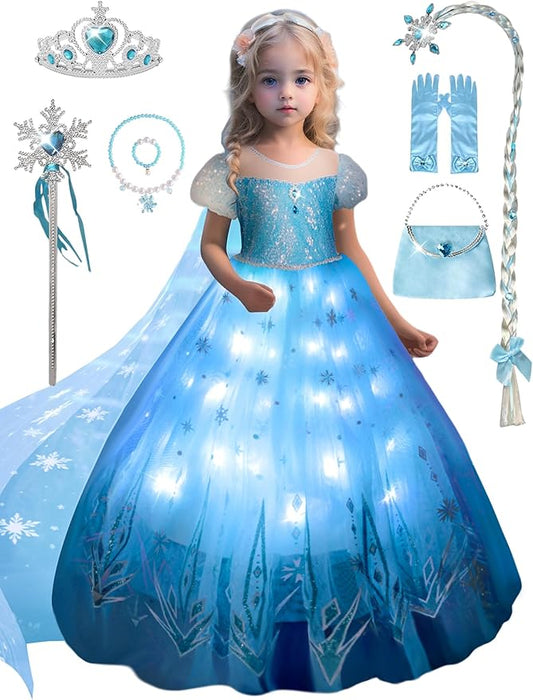 Princess Dress Up Clothes for Girls, Light Up Princess Costume for Girls Toddler Princess Dress, Halloween Costume for Girls, Princess Birthday Dress, LED Kids Princess Dress, 150