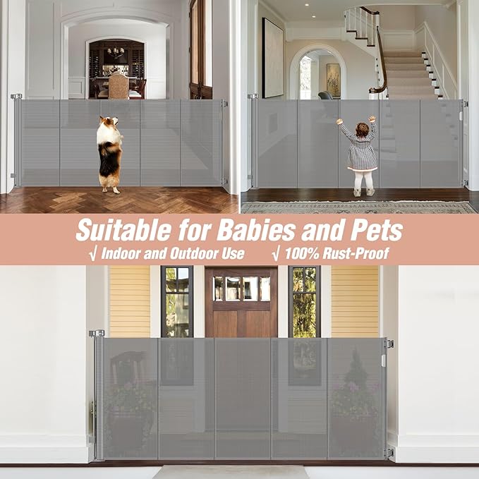 Reinforced 42" Extra Tall x 75" Wide Retractable Baby Gates with Support Rods - Prevent Crawling under Extra Tall Pet Gate Indoor Mesh Baby Gate Tall Baby Gates for Dogs Outdoor Retractable Gate, Gray