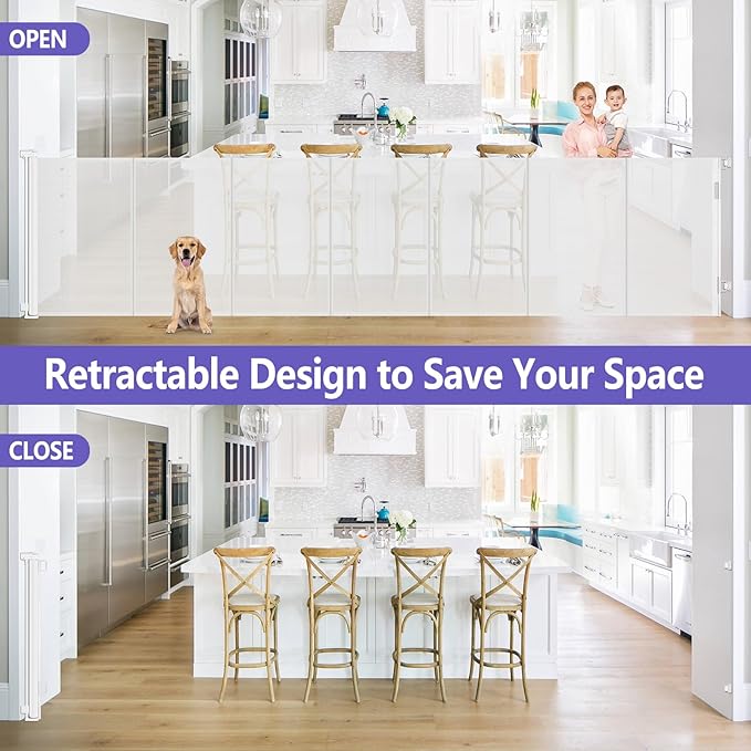 Reinforced 42" Extra Tall Retractable Baby Gates 96" Wide Retractable Dog Gate with Support Rods-Prevent Crawling Under Long Baby Gate Extra Tall Dog Gate Indoor/Outdoor Tall Baby Gates for Dogs/White