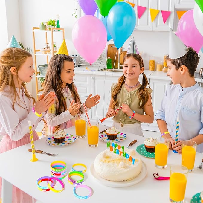 CHRORINE Happy Birthday Rubber Bracelets 12 Styles Silicone Wristbands for Classroom Birthday Party Favors 72 Pieces