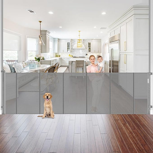Reinforced 42" Extra Tall x 96" Wide Retractable Pet Gate with Support Rods-Prevent Crawling Under, Extra Tall Baby Gate Long Dog Gate Indoor/Outdoor Retractable Gate Tall Dog Gates for Doorways, Gray