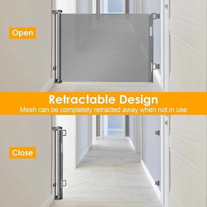 Retractable Baby Gate for Doorway 60” Wide Retractable Pet Gate for Stair Pet Gates for Doorways Puppy Gates for The House Mesh Pet Gate Baby Safety Gate Dog Gate Indoor Gate Stair Gates for Kids