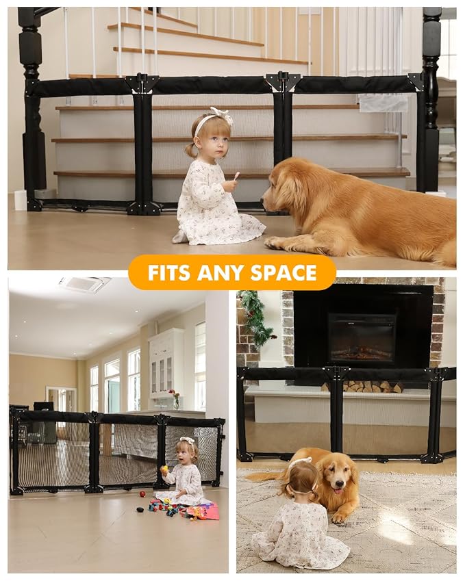 Dearlomum Extra Wide Baby Gate Playpen with Heat-Resistant Mesh,3 Panel Foldable Baby Fence,Indoor/Outdoor Safety Barrier,Dog Playpen &Fireplace Baby Gate