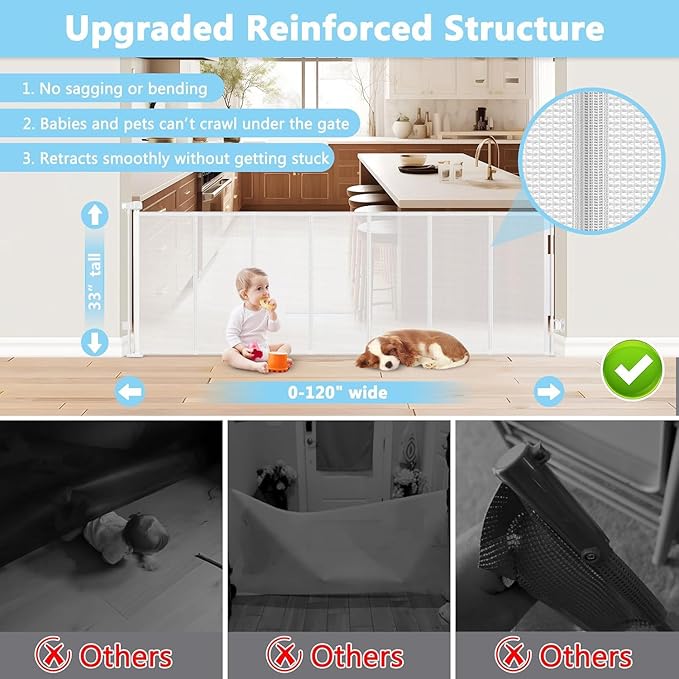 Reinforced 120 Inch Extra Wide Retractable Baby Gates For Doorways Extra Long Baby Gates for Large Openings Outdoor 10 Ft Retractable Child Gates for Doorways Indoor Retractable Dog Gate for The House