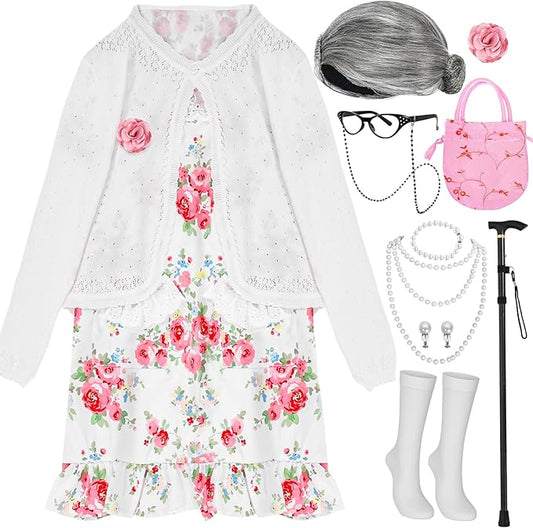 MGparty 100th Day of School Costume for Girls, Old Lady Costume for Kids, Grandma Cosplay Dress Up Accessories