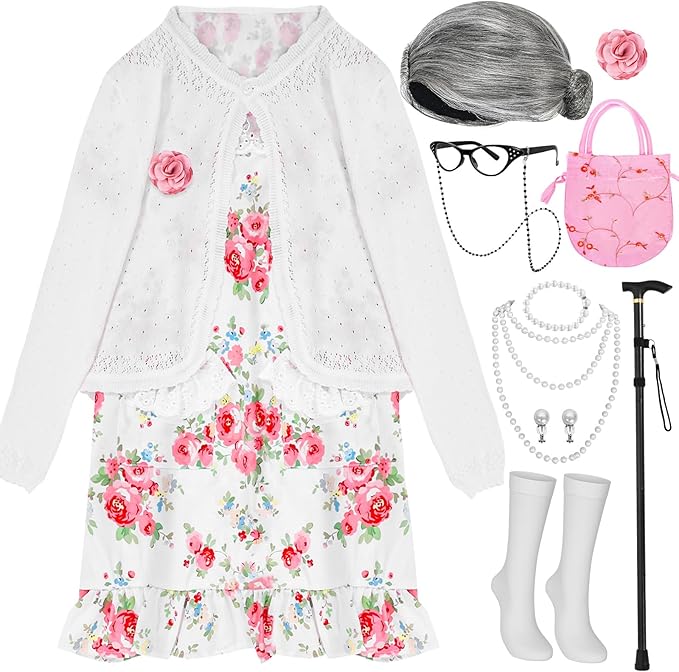 MGparty 100th Day of School Costume for Girls, Old Lady Costume for Kids, Grandma Cosplay Dress Up Accessories