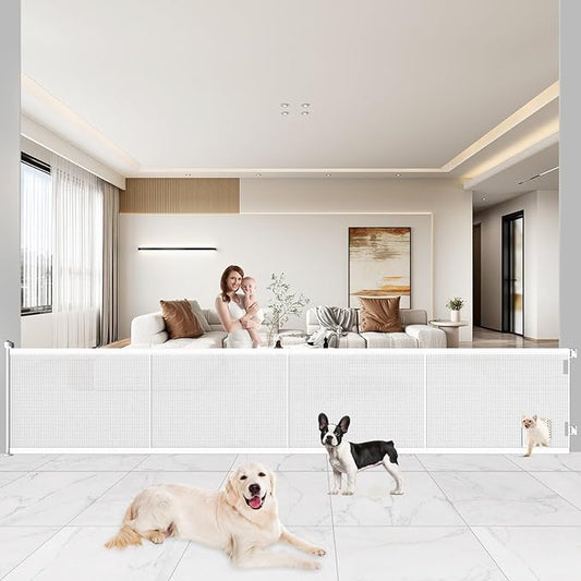 Pawtners Retractable Baby Gates Extra Wide, 41" Tall Extends up to 200" Wide, Dog Gate Indoor with Cat Door for Stairs, Pet Gate with Support Rods for Doorways Hallways Indoor & Outdoor-White